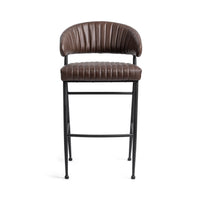 Front view of the fluted brown leather bar stool with channel stitching across the back and seat