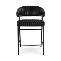 Front view of the fluted black leather counter stool with channel stitching across the back and seat