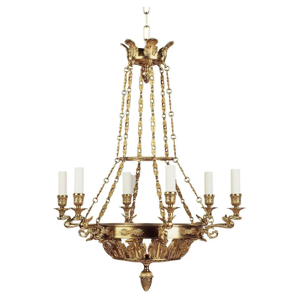 Empire chandelier with intricate gold detailing, full view.