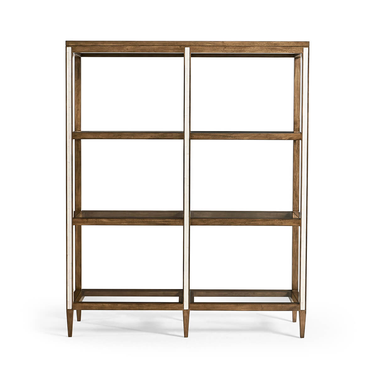 Front view of four-tier etagere with wooden frame.