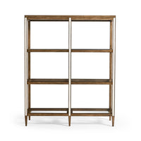 Front view of four-tier etagere with wooden frame.