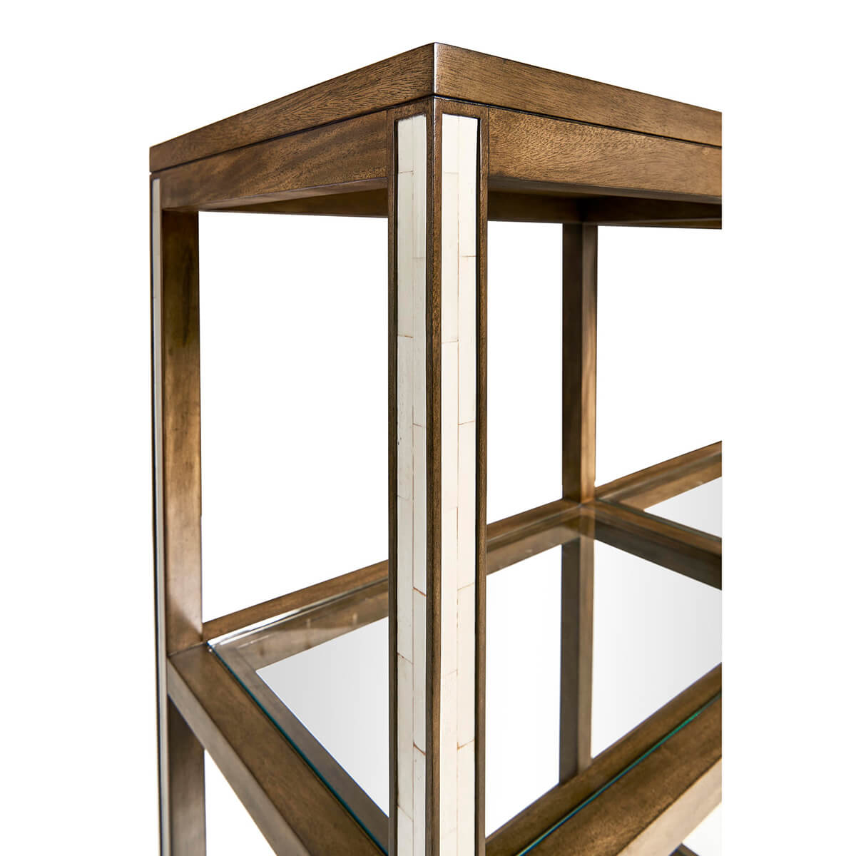 Close-up of etagere corner with detailed trim.