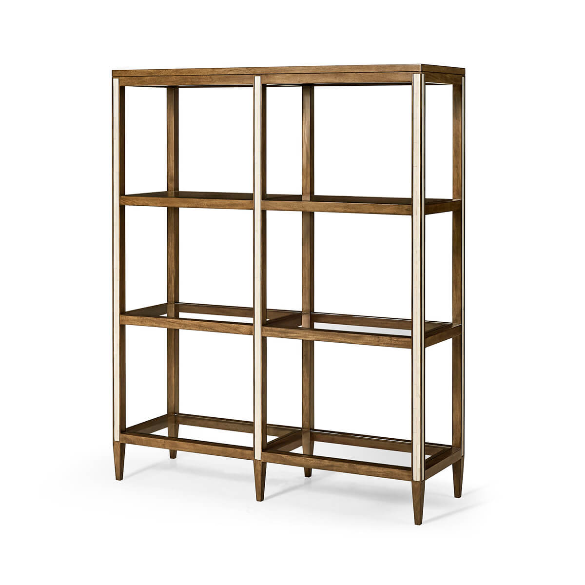 Angled view of wood etagere with glass shelves.