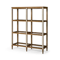 Angled view of wood etagere with glass shelves.