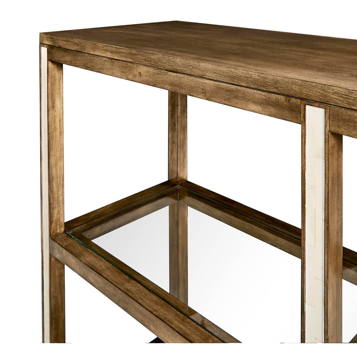 Side view of etagere showcasing wooden top and shelves.