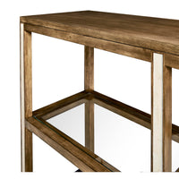 Side view of etagere showcasing wooden top and shelves.
