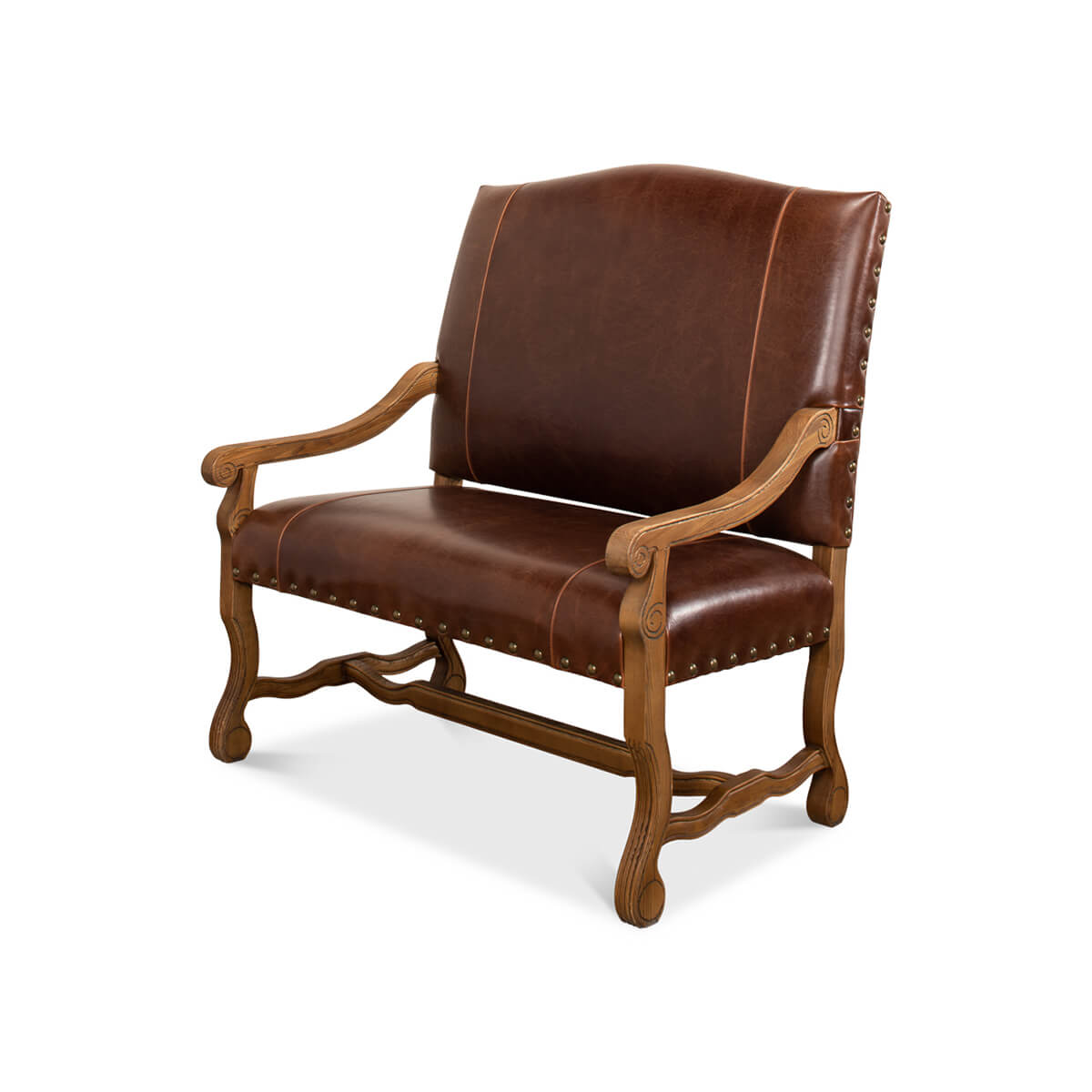 Dark brown leather settee with wooden arms, angled view.
