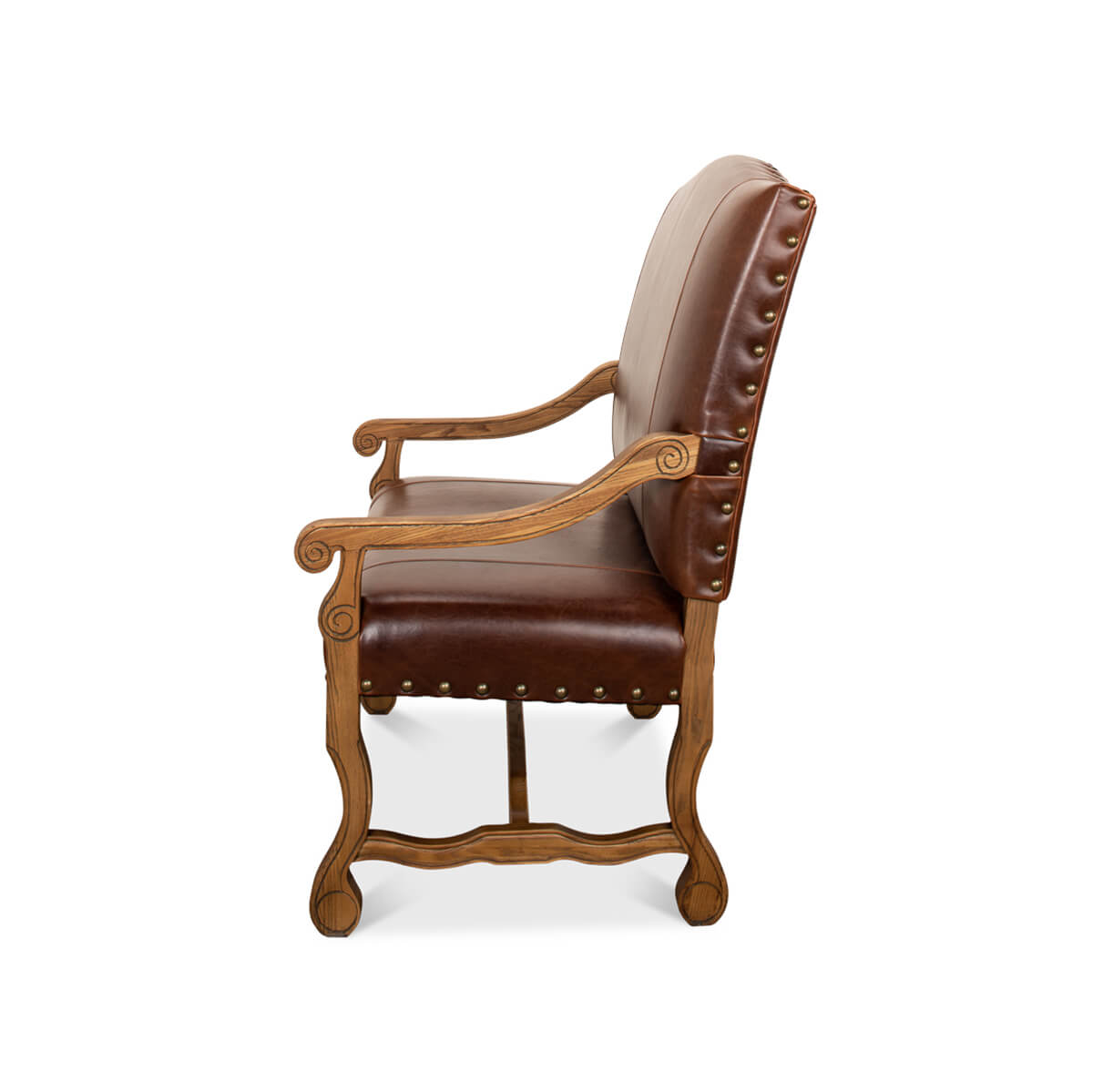 Side profile of leather settee, wooden arm detail.