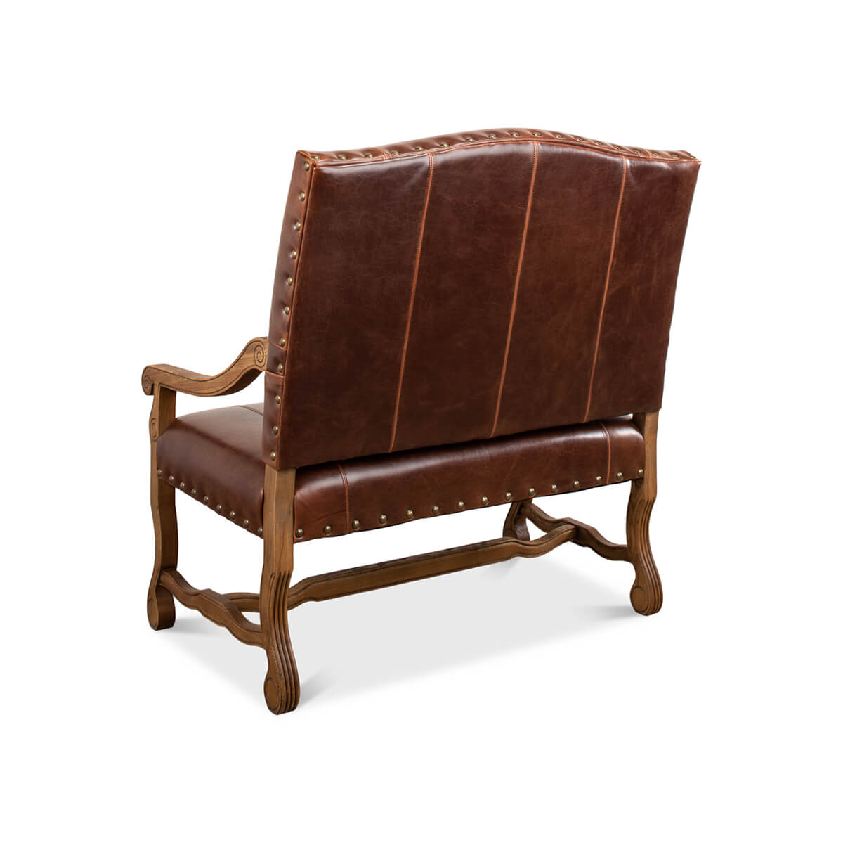 Rear angled view of leather settee, wooden frame visible.