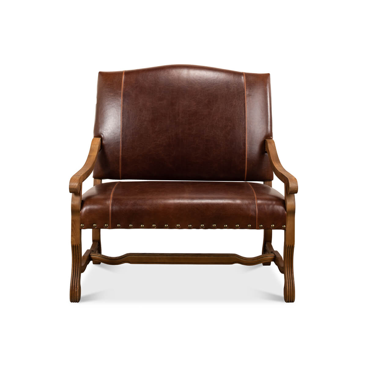 Front view of brown leather settee with wood accents.
