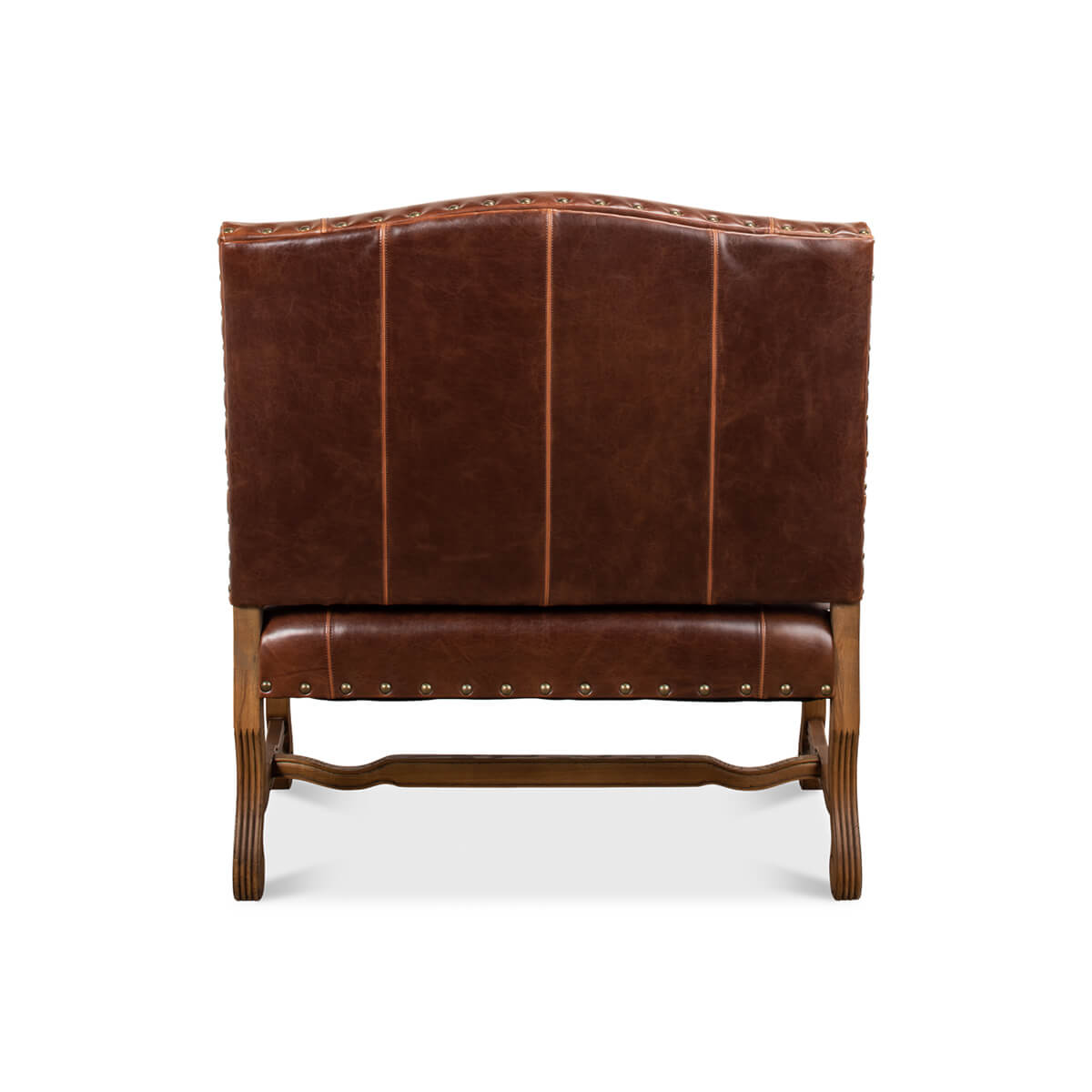 Back view of leather settee showcasing detailed stitching.