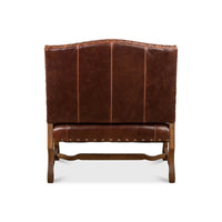 Back view of leather settee showcasing detailed stitching.