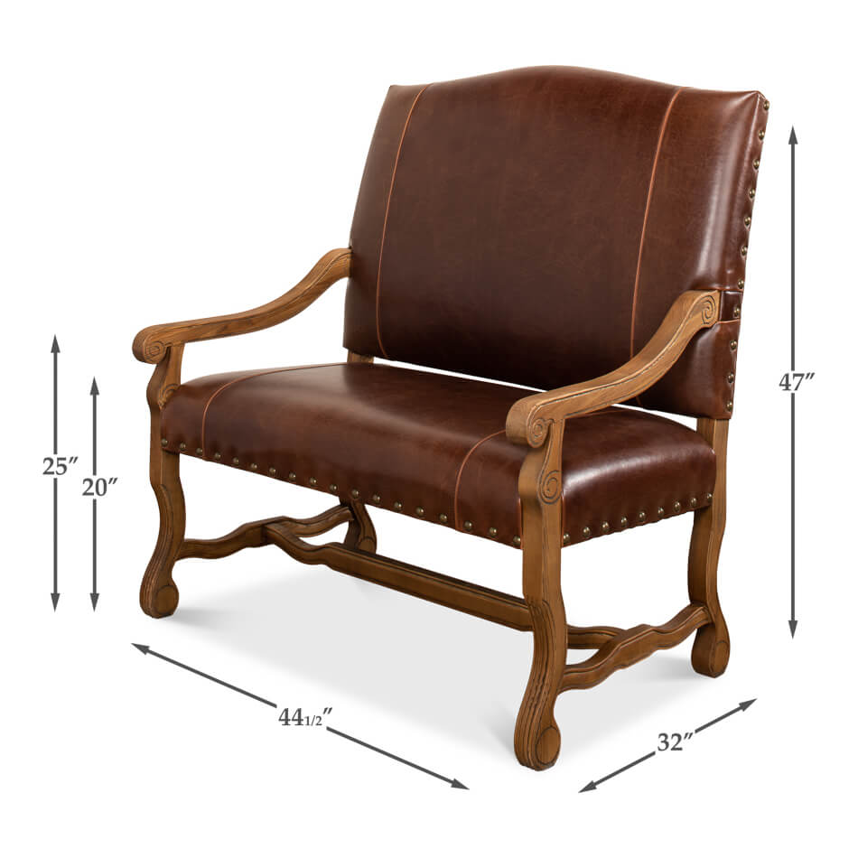 Measurements on French leather settee, full perspective shown.