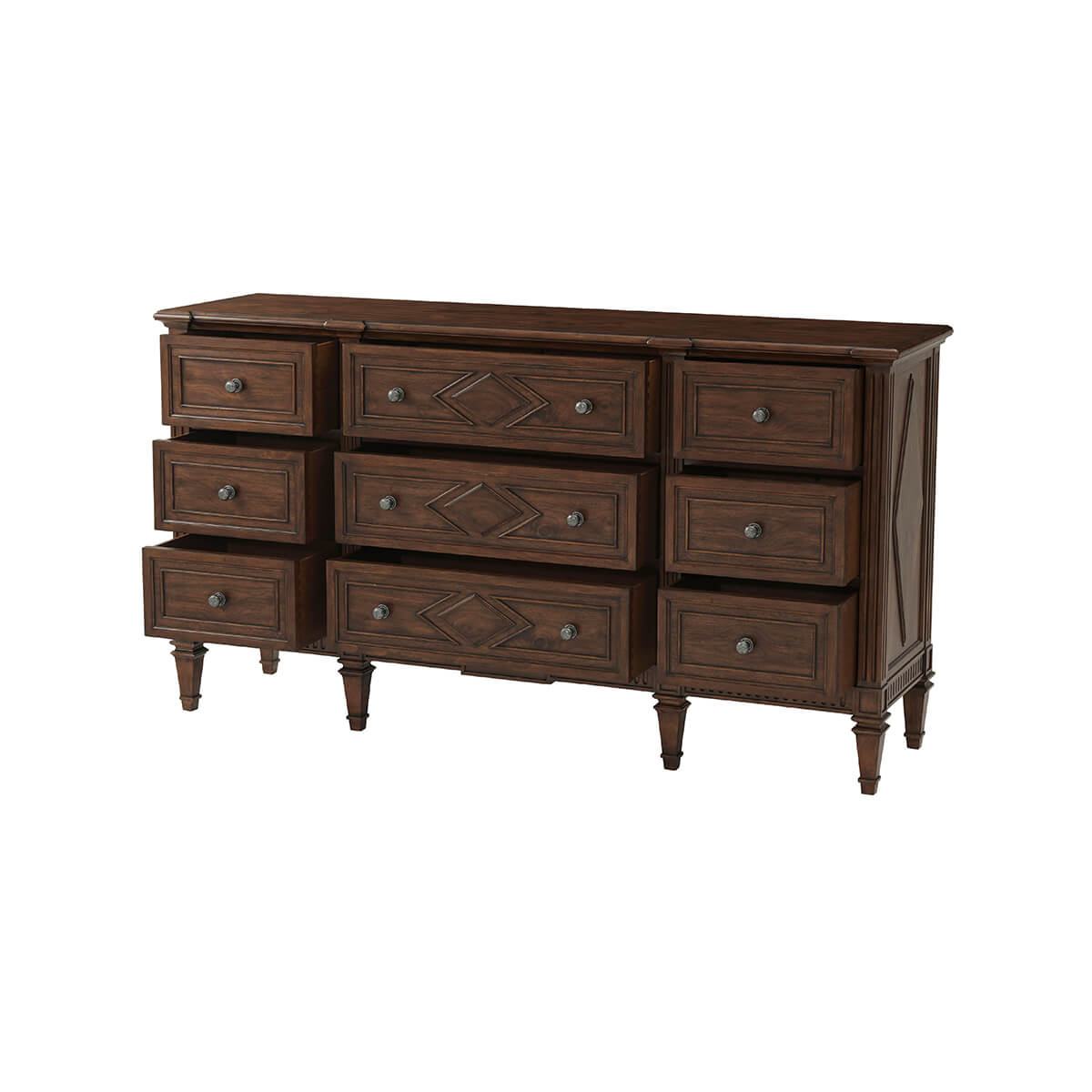 Dresser with open drawers, front angle view.