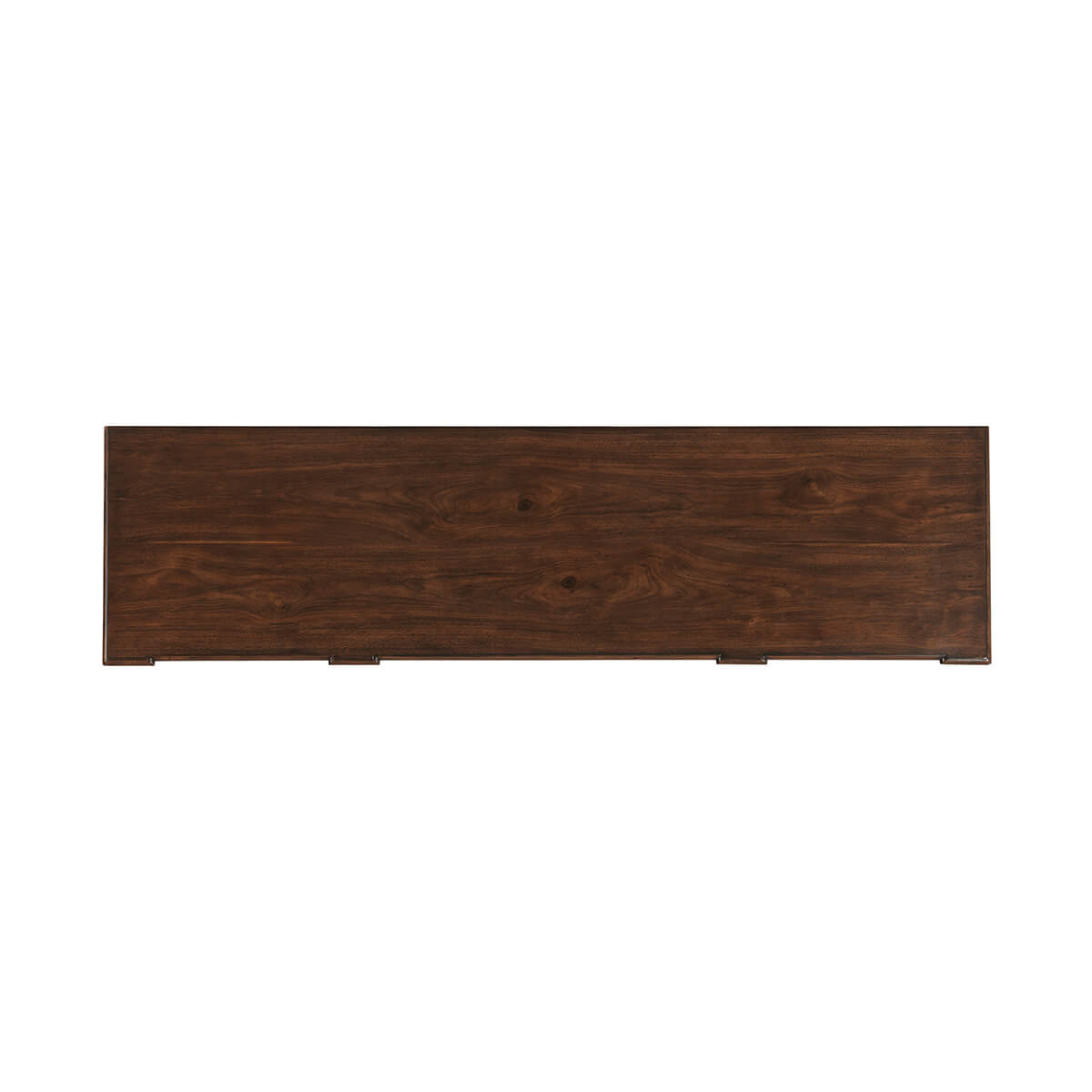 Dresser top view, dark wood surface.
