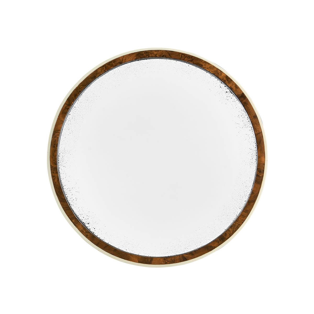 Top-down view, mirrored tabletop, wood border.