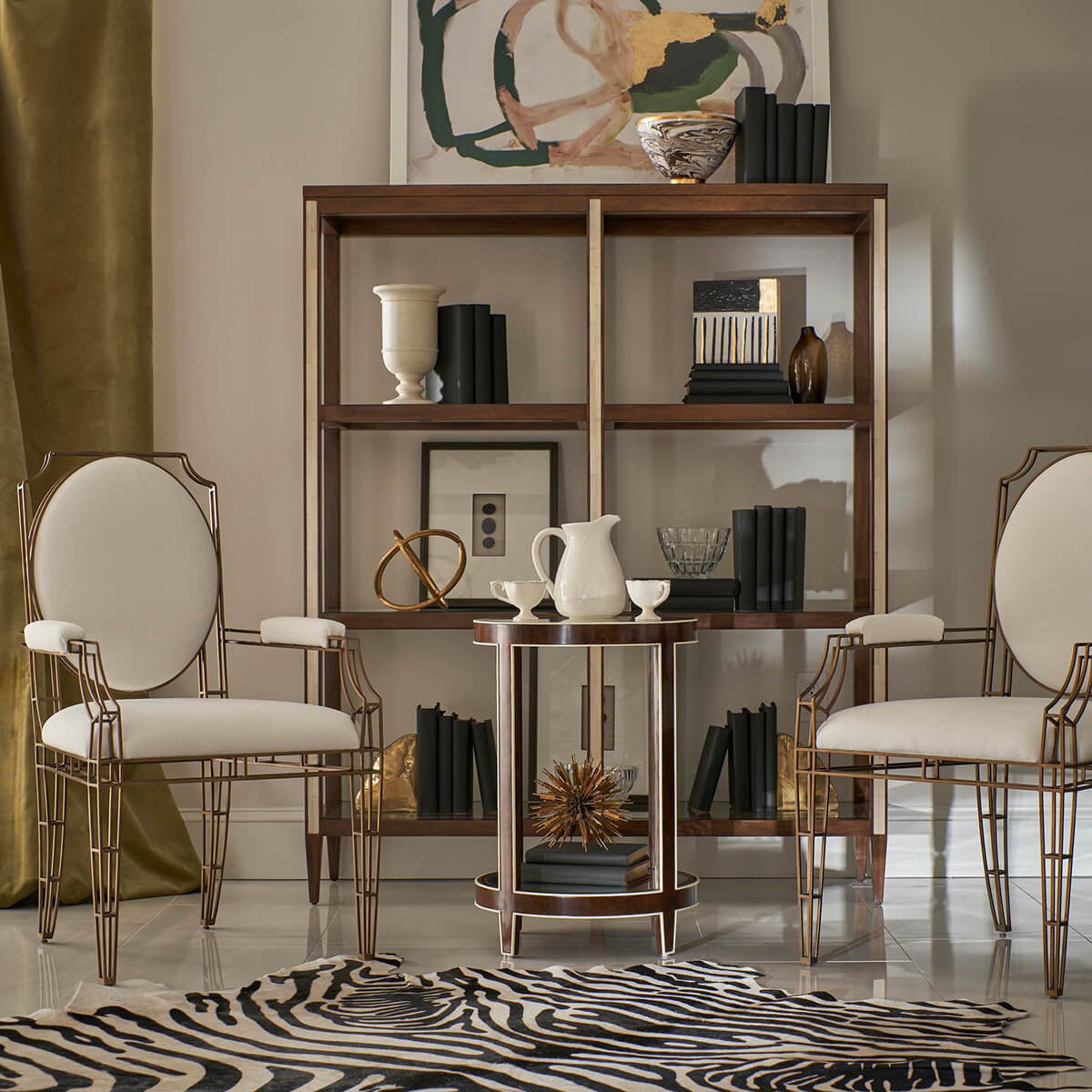 Accent table between two chairs, cozy corner.