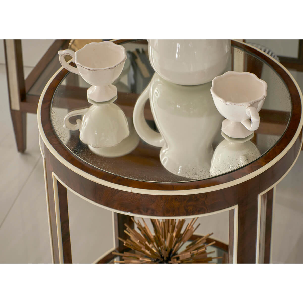 Close-up of decorative items on accent table.