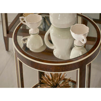 Close-up of decorative items on accent table.