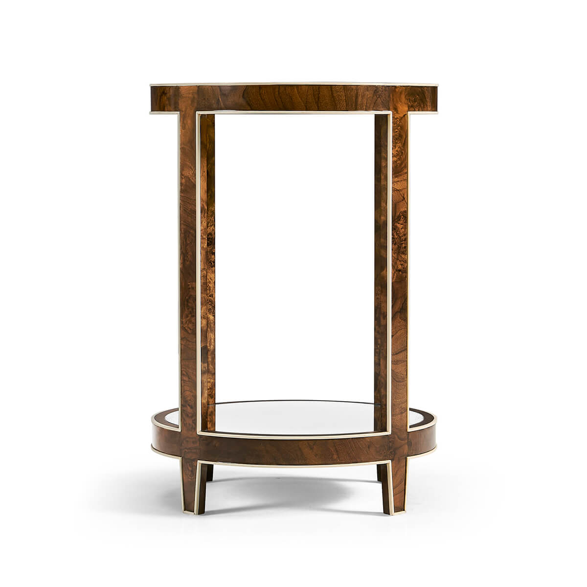Accent table, straight frontal view, elegant finish.