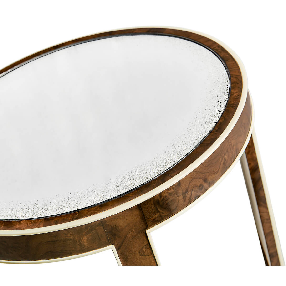 Top view, mirrored glass surface, wood trim.