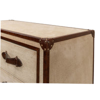 Corner rivet detail on beige art deco commode.