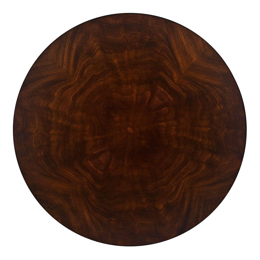 Top view of wood grain on round side table surface.