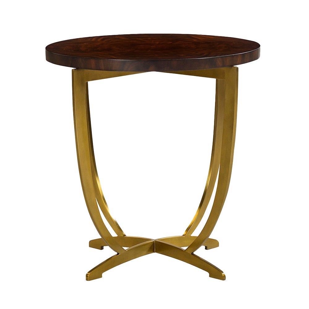 Round side table showing elegant gold base design.