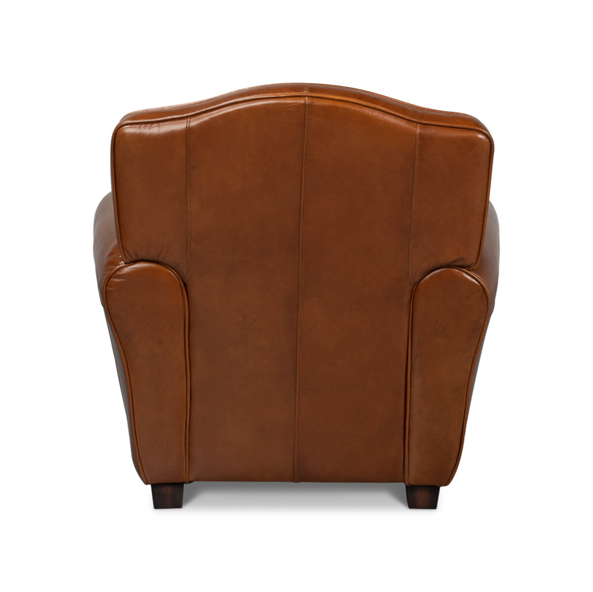 Brown leather club chair back view.