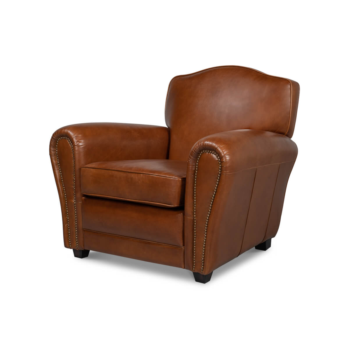 Brown leather club chair angled front view.