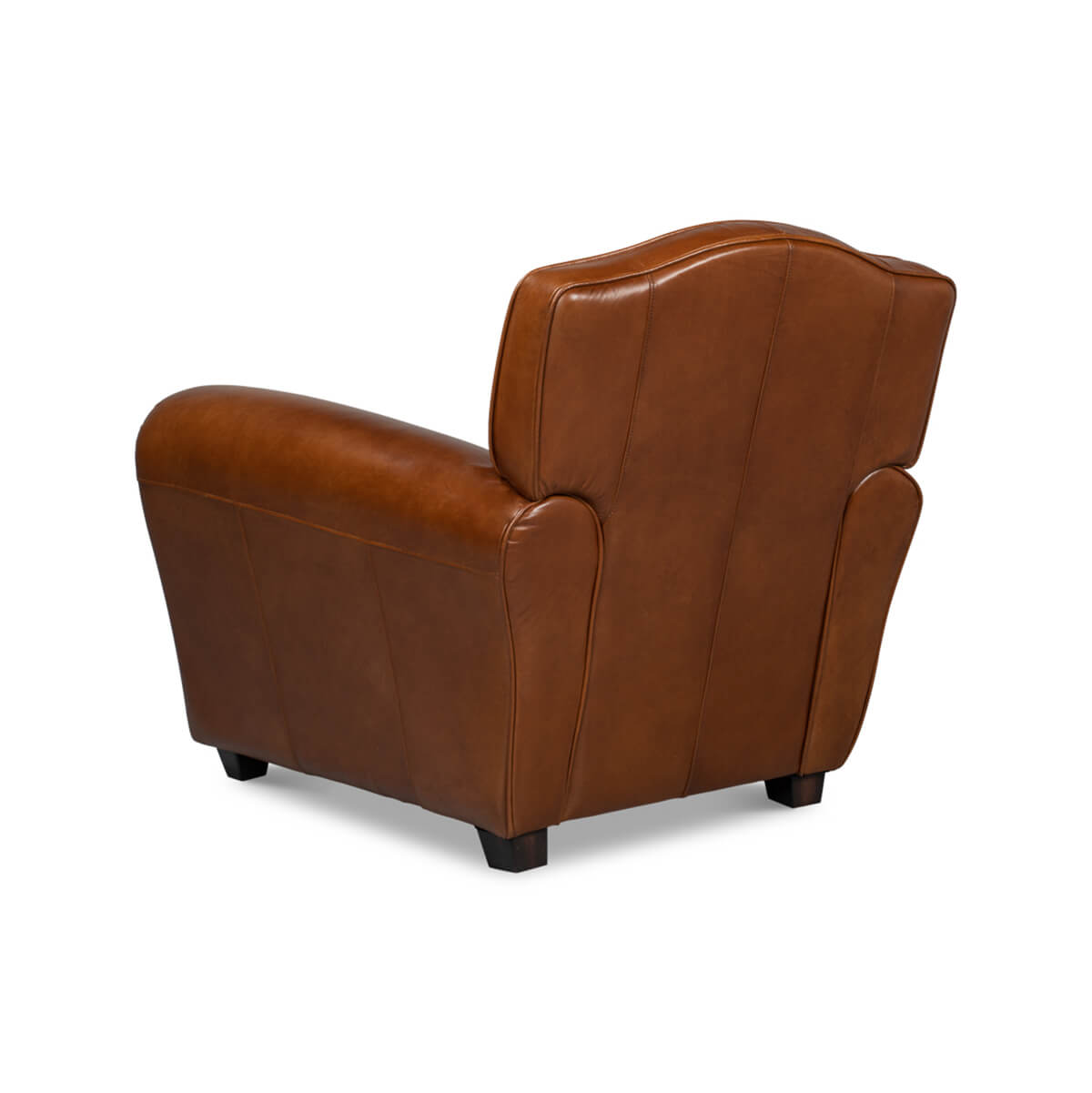 Brown leather club chair rear left view.