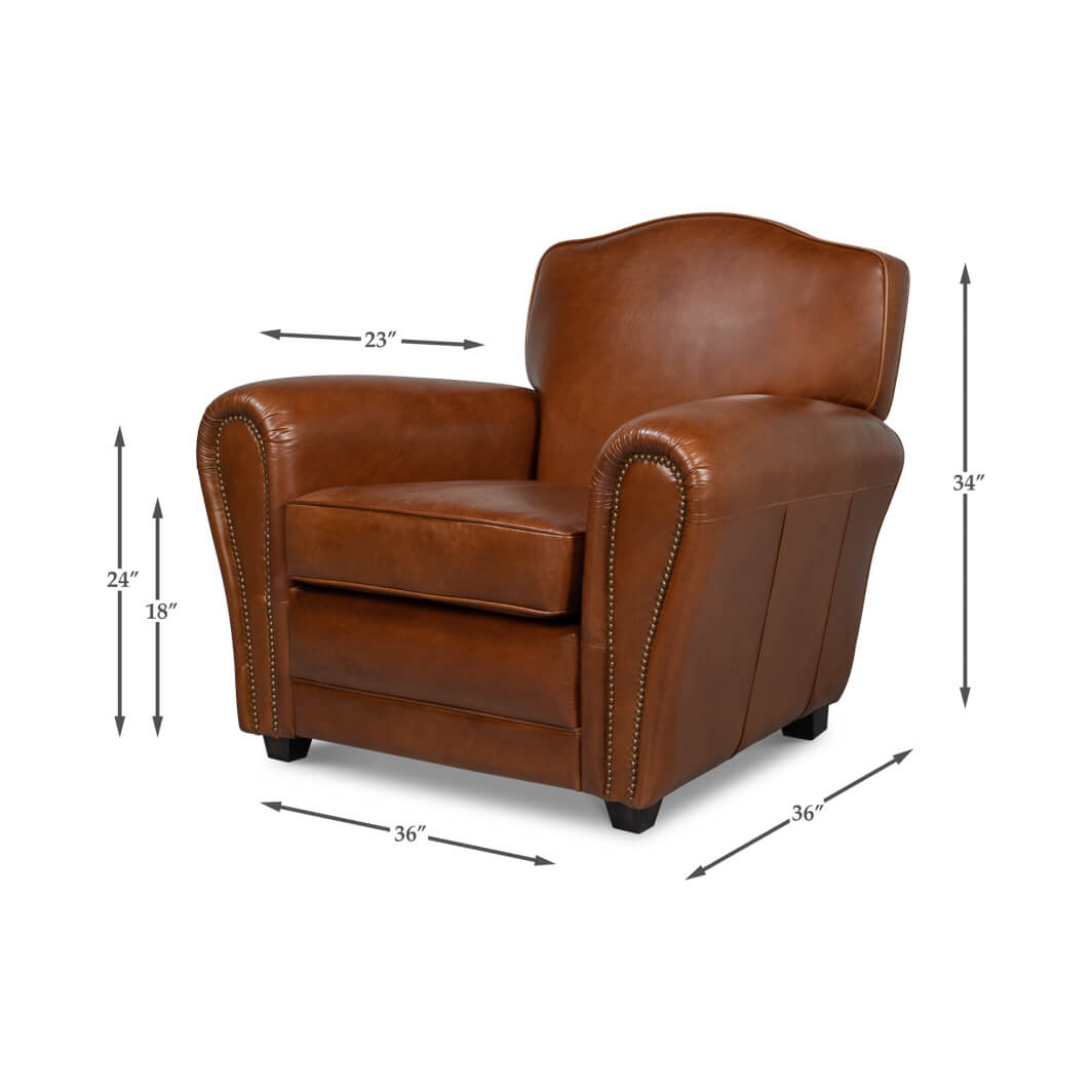 Dimensions of brown leather club chair with labels.