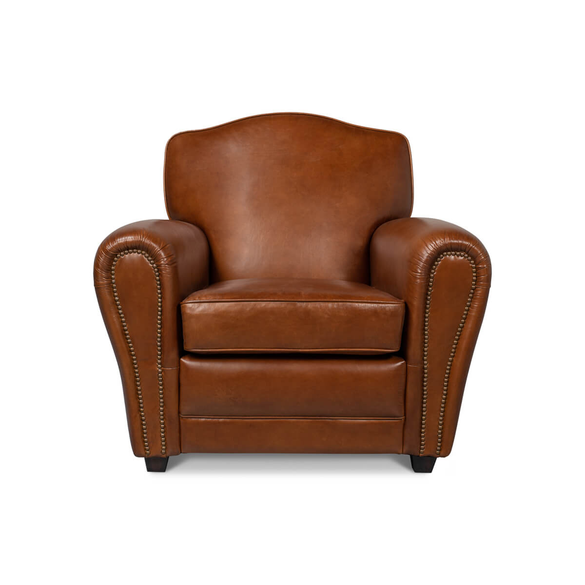 Brown leather club chair front view.