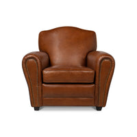 Brown leather club chair front view.