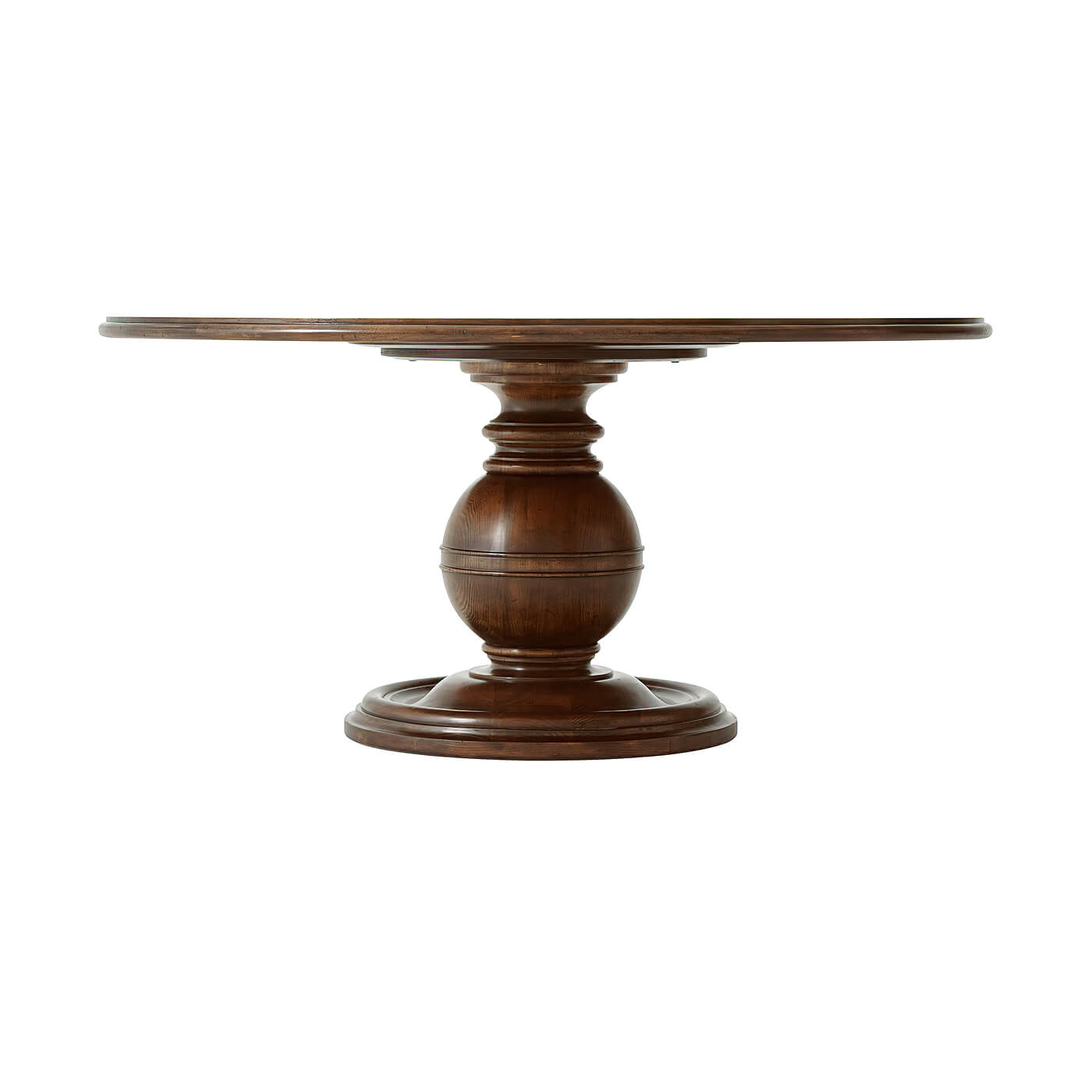 Side view of round dining table, pedestal base visible.