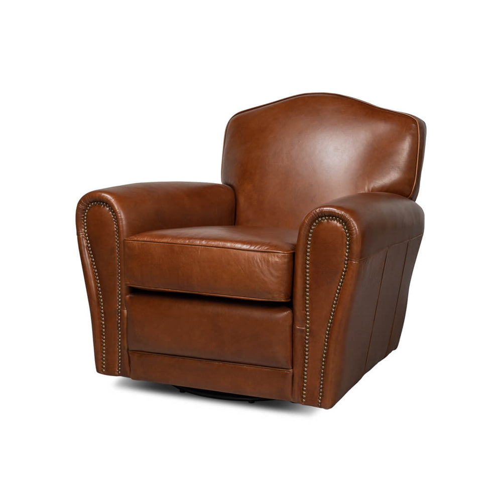 Brown leather club chair angled view accent chairs.