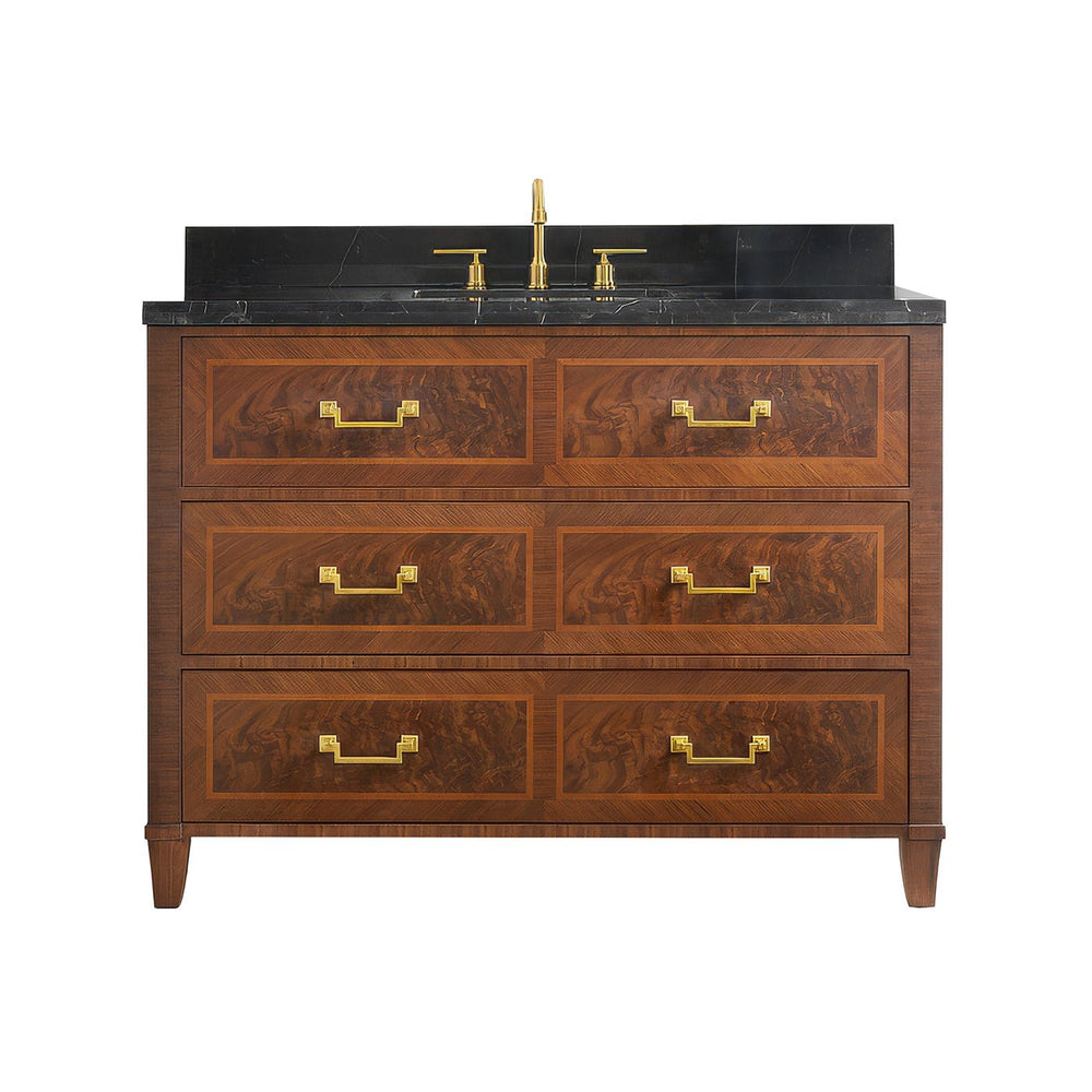 Front view bathroom vanity, dark wood and brass accents.