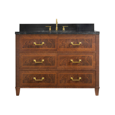 Front view bathroom vanity, dark wood and brass accents.