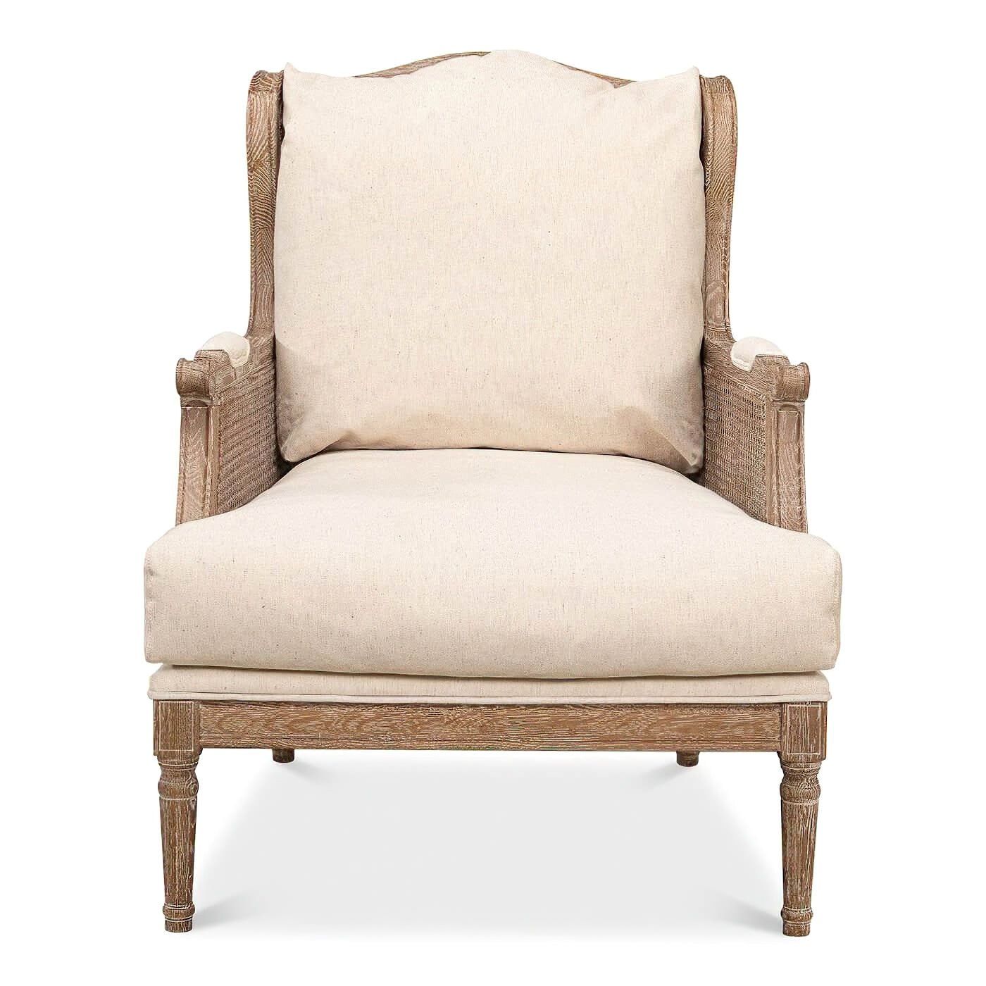Front view showcasing cushion details on French armchair.