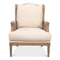 Front view showcasing cushion details on French armchair.