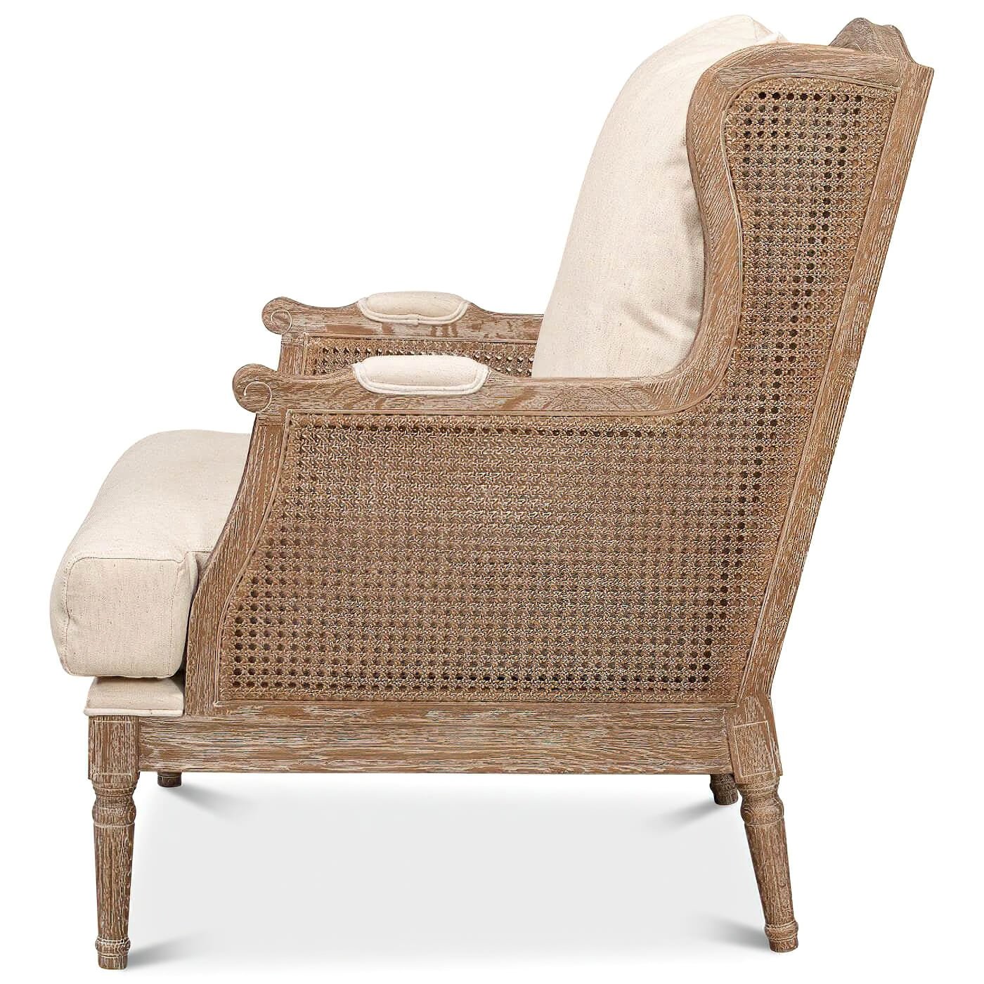 Side profile of French caned armchair detailing woodwork.