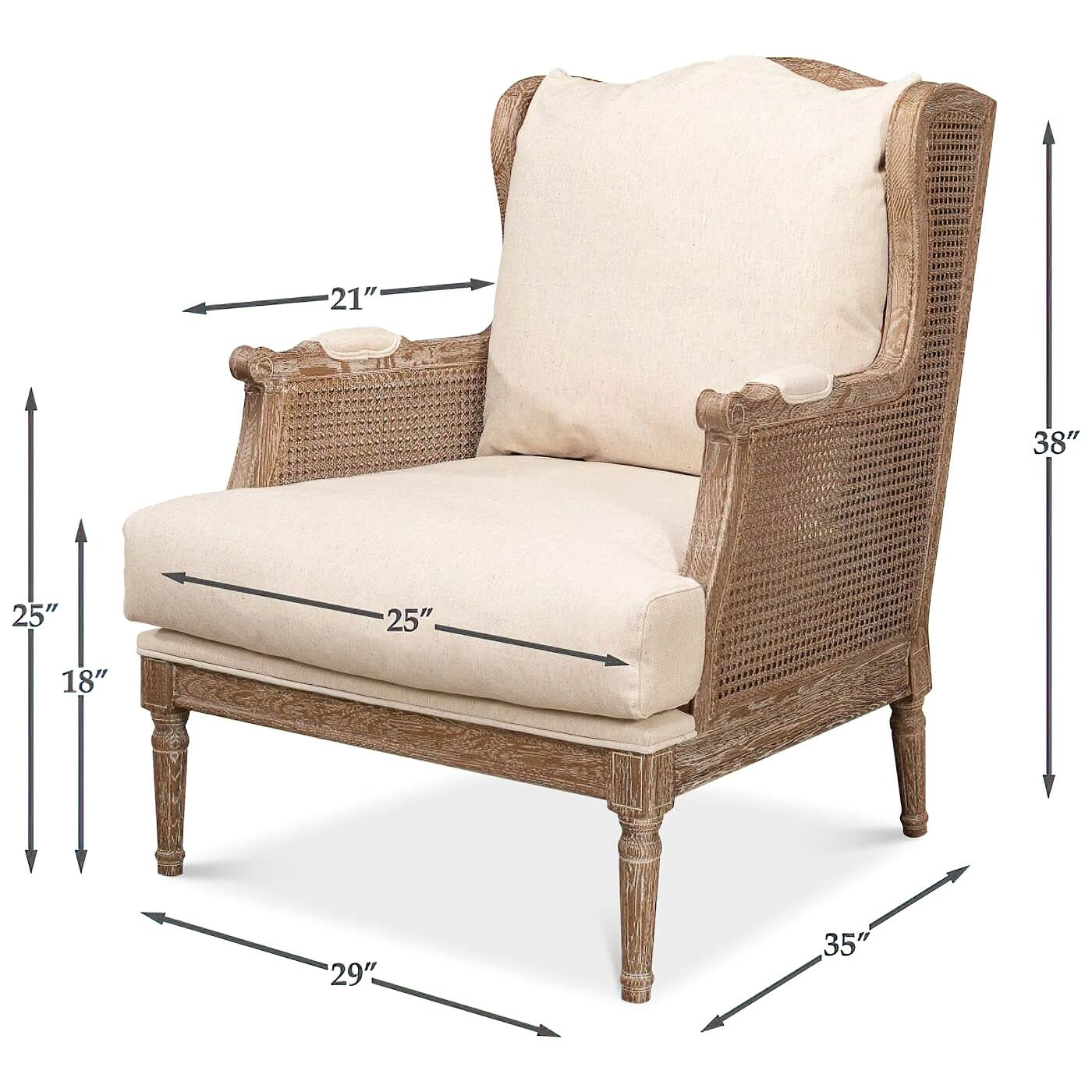 Dimensions displayed on French caned armchair with cushion.