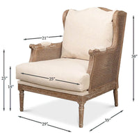 Dimensions displayed on French caned armchair with cushion.
