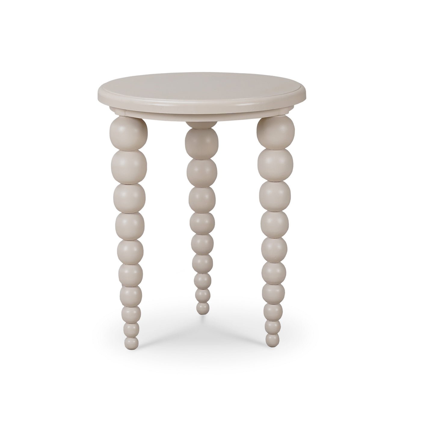 Beige round side table, beaded legs, front view.