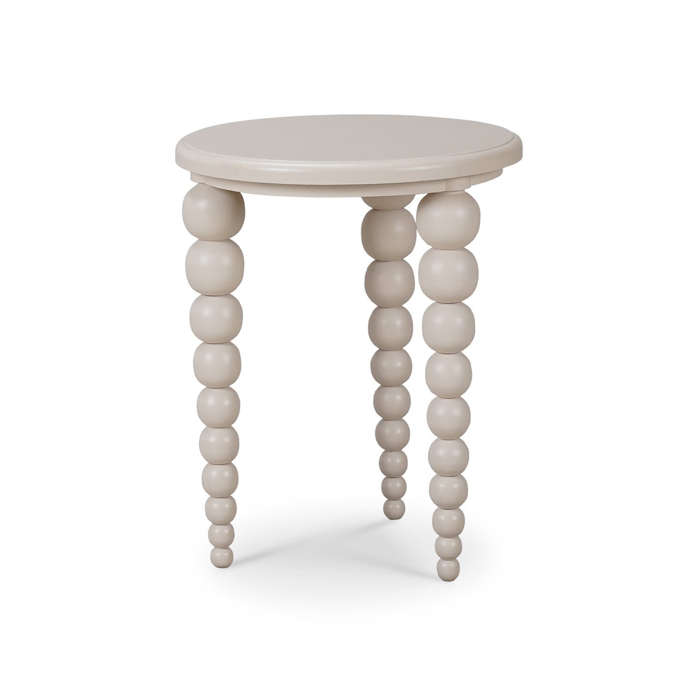 Decorative beaded-leg side table, beige, angled view.