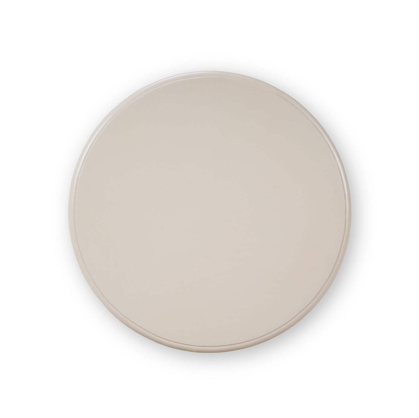 Beige round tabletop, accent table, top-down horizontal view.