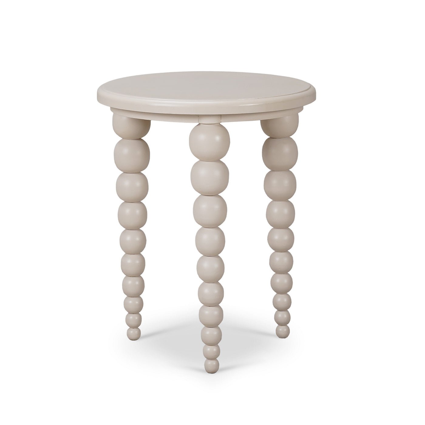 Round beaded-leg side table, beige, angled view.