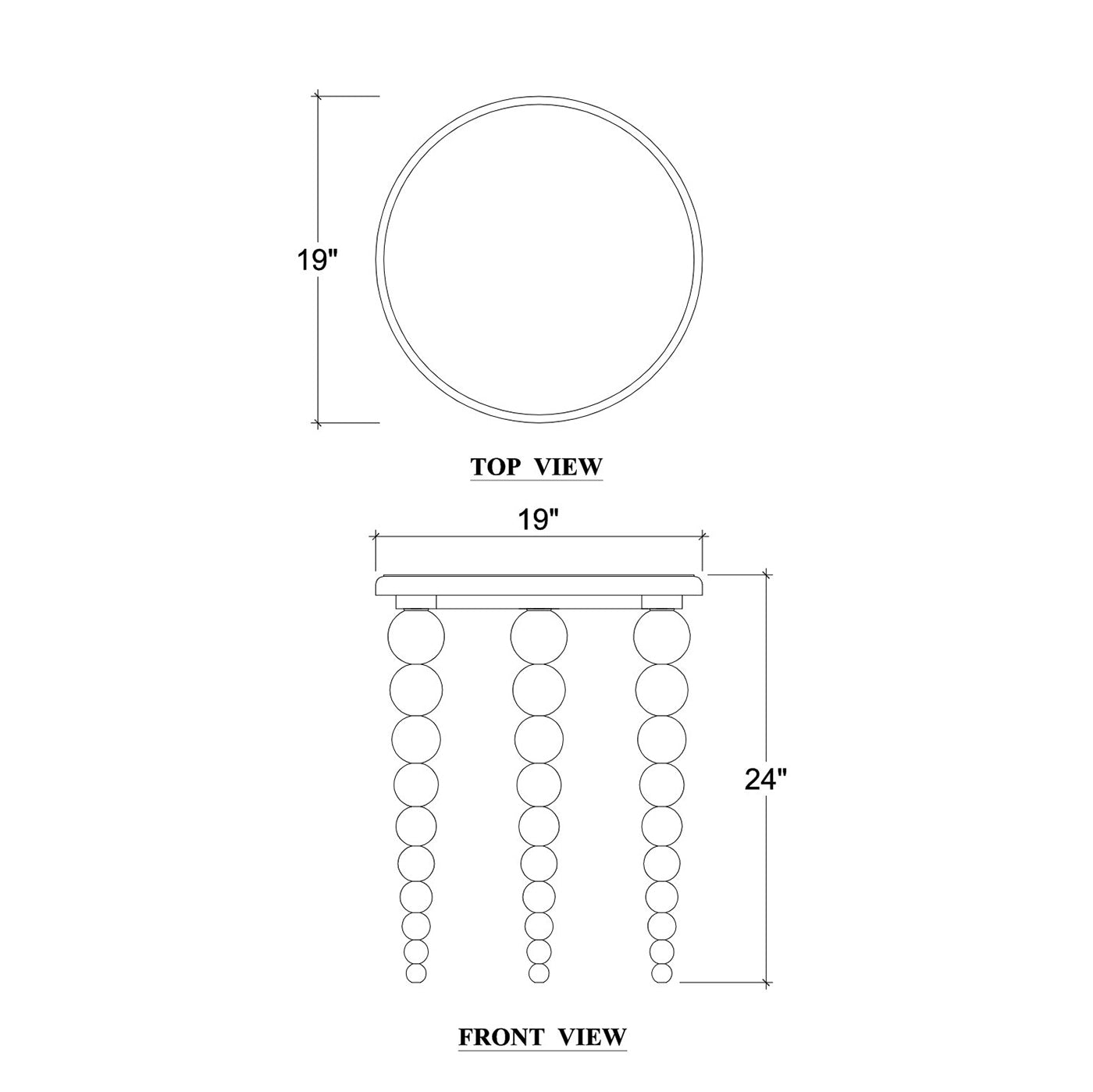 Dimensions of beaded-leg side table, line drawing with measurements.