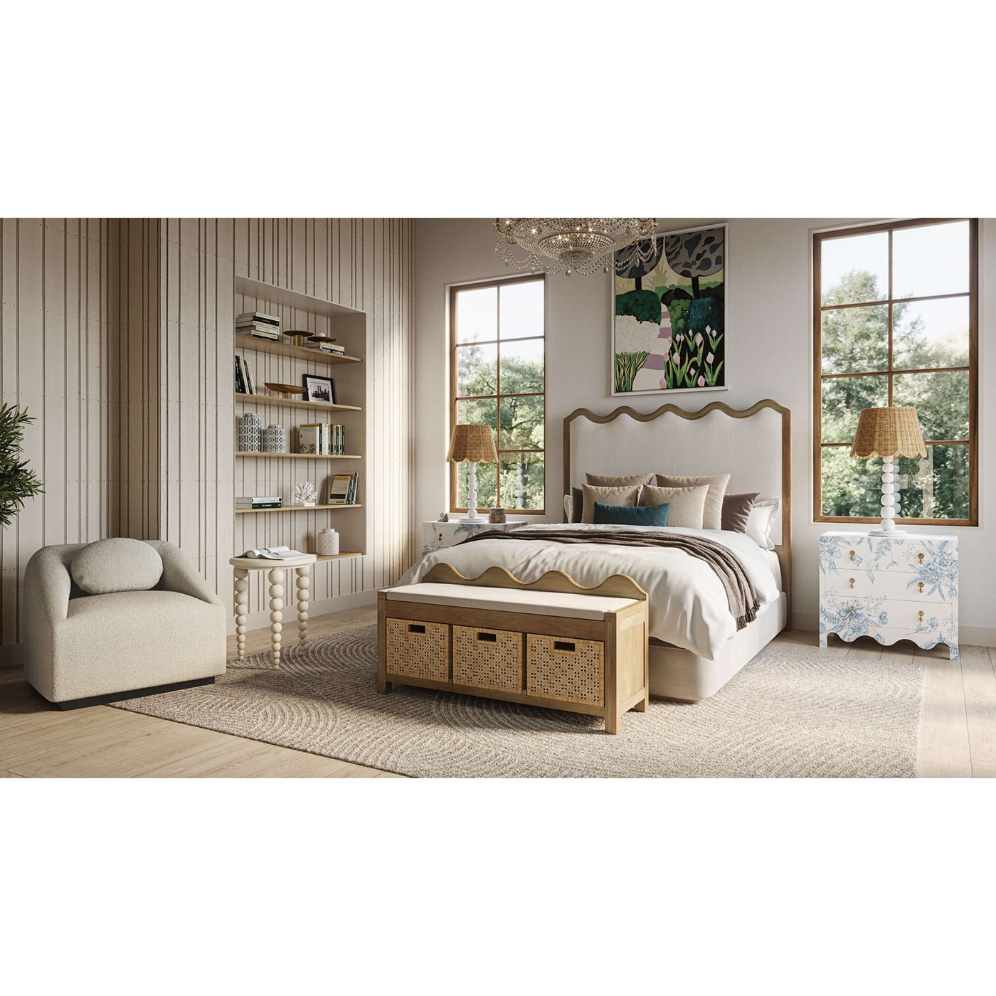 Beige side table in stylish bedroom setting.