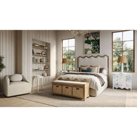 Beige side table in stylish bedroom setting.